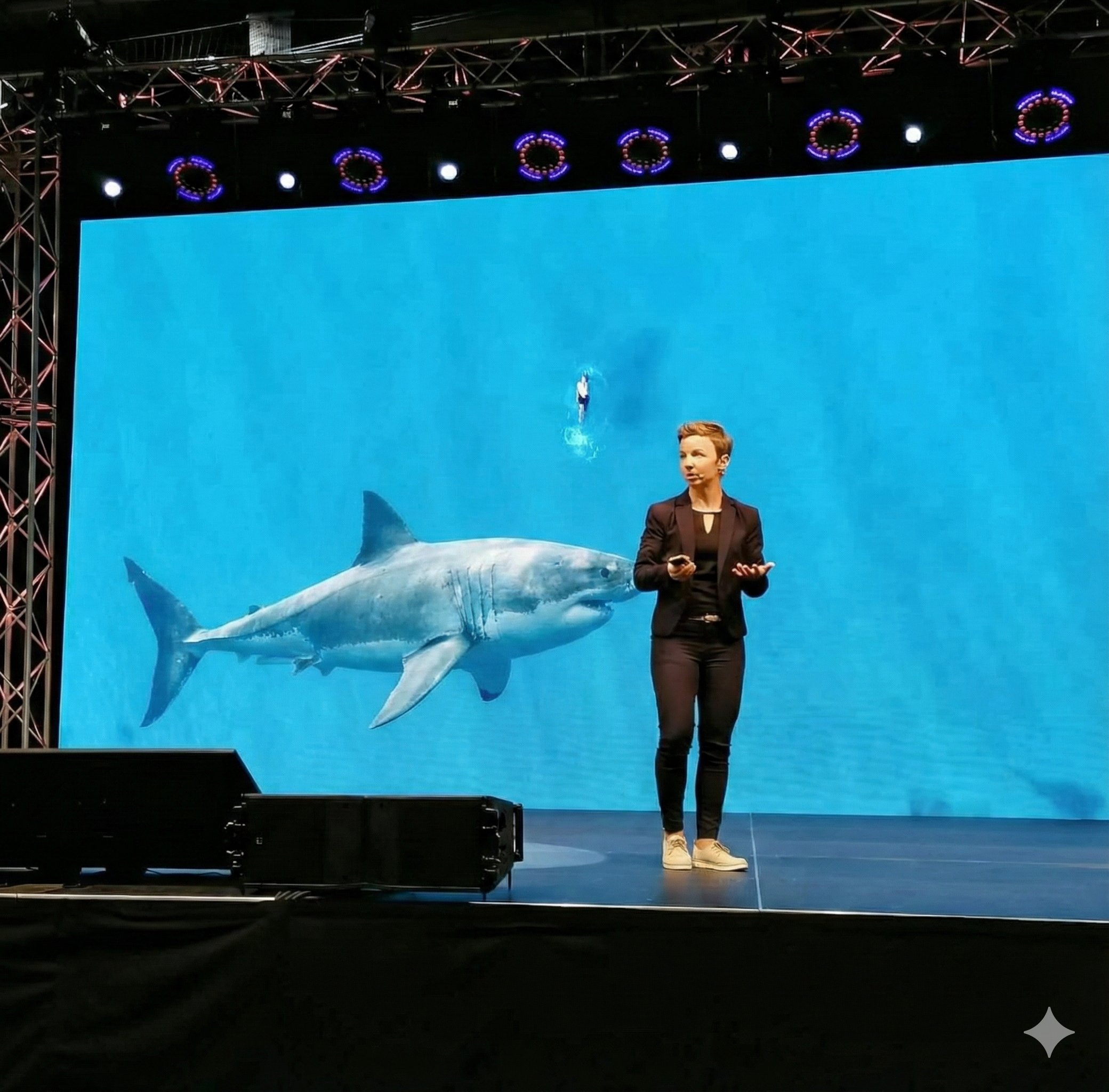 Dorka Nagy-Józsa on stage with shark visual